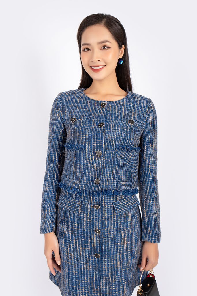 BAD92707 - Áo khoác vải dạ dáng suông cổ tròn cài khuy phối túi rút tua rua trang trí - PANTIO