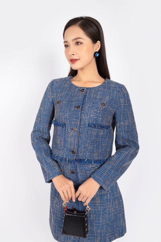 BAD92707 - Áo khoác vải dạ dáng suông cổ tròn cài khuy phối túi rút tua rua trang trí - PANTIO