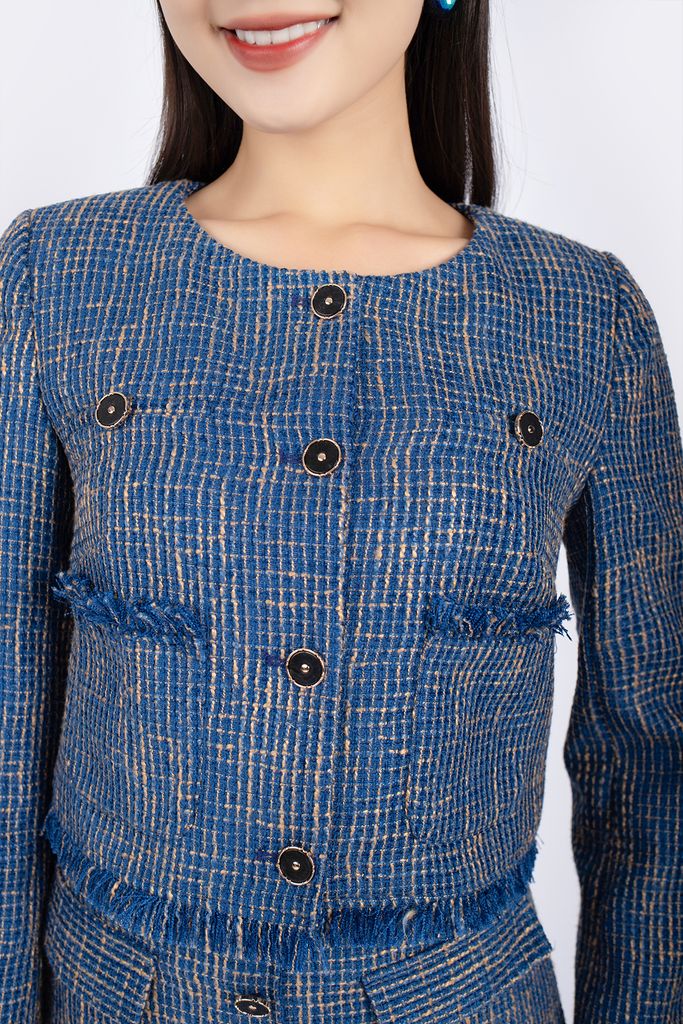 BAD92707 - Áo khoác vải dạ dáng suông cổ tròn cài khuy phối túi rút tua rua trang trí - PANTIO