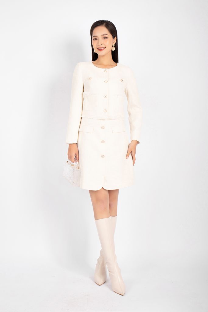 BAD92707 - Áo khoác vải dạ dáng suông cổ tròn cài khuy phối túi rút tua rua trang trí - PANTIO