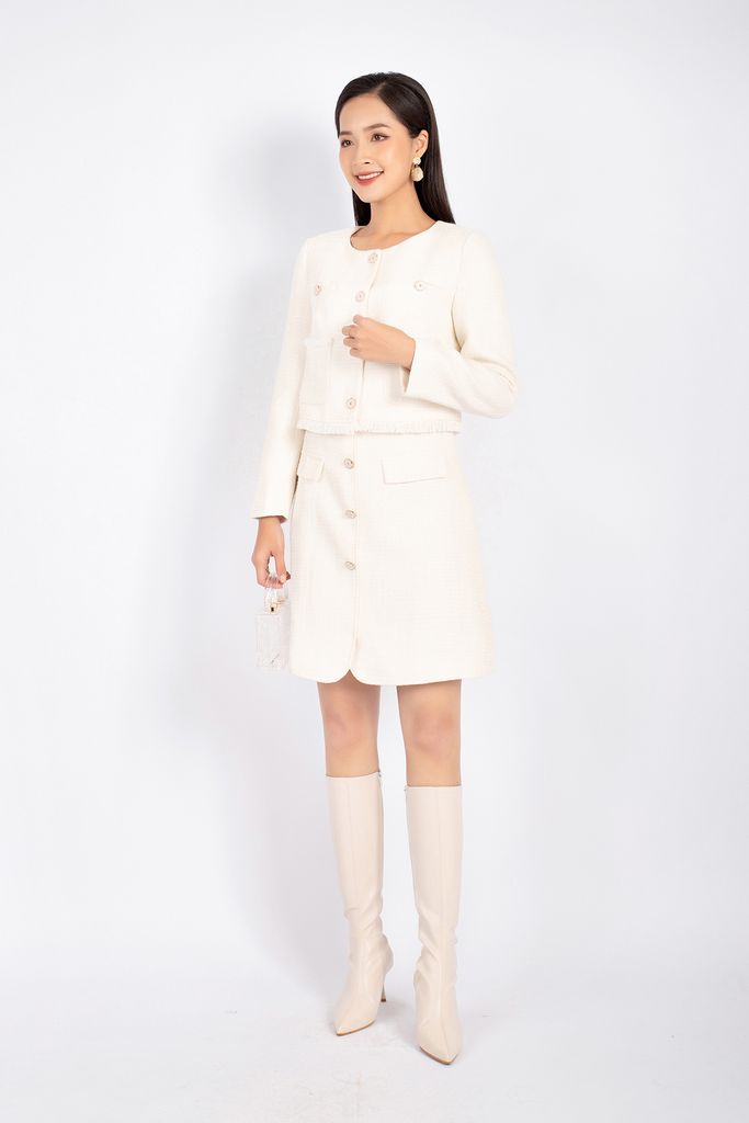 BAD92707 - Áo khoác vải dạ dáng suông cổ tròn cài khuy phối túi rút tua rua trang trí - PANTIO