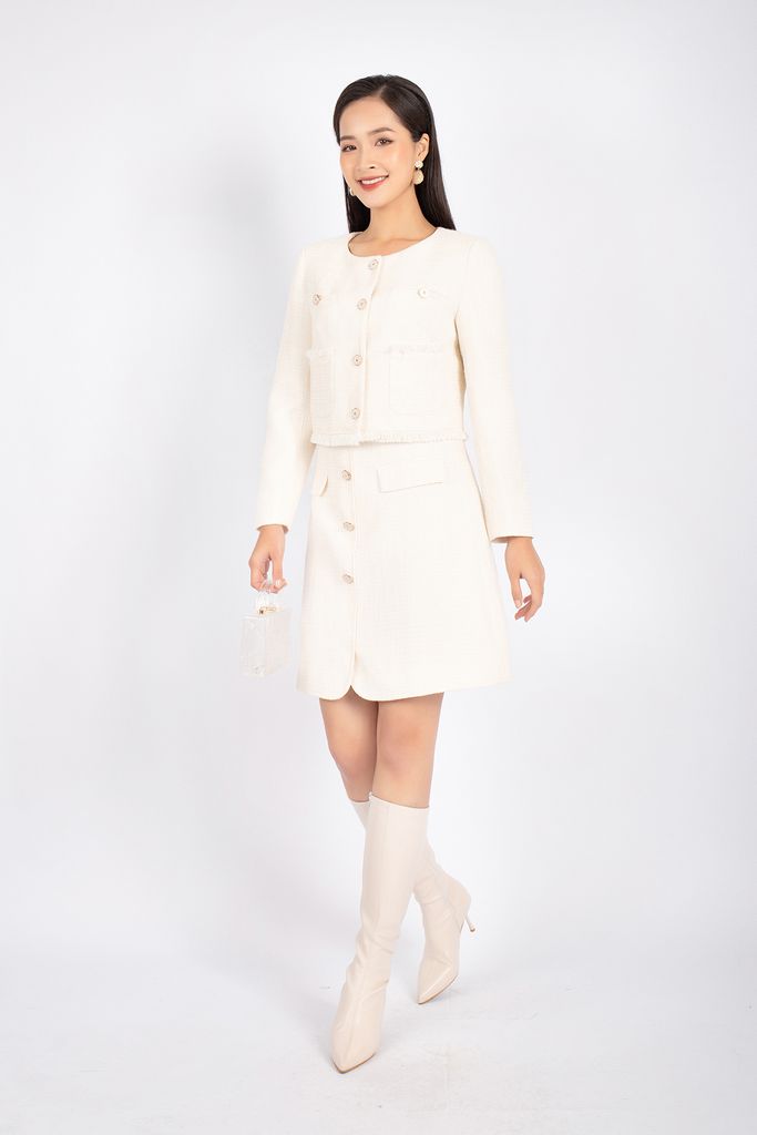 BAD92707 - Áo khoác vải dạ dáng suông cổ tròn cài khuy phối túi rút tua rua trang trí - PANTIO