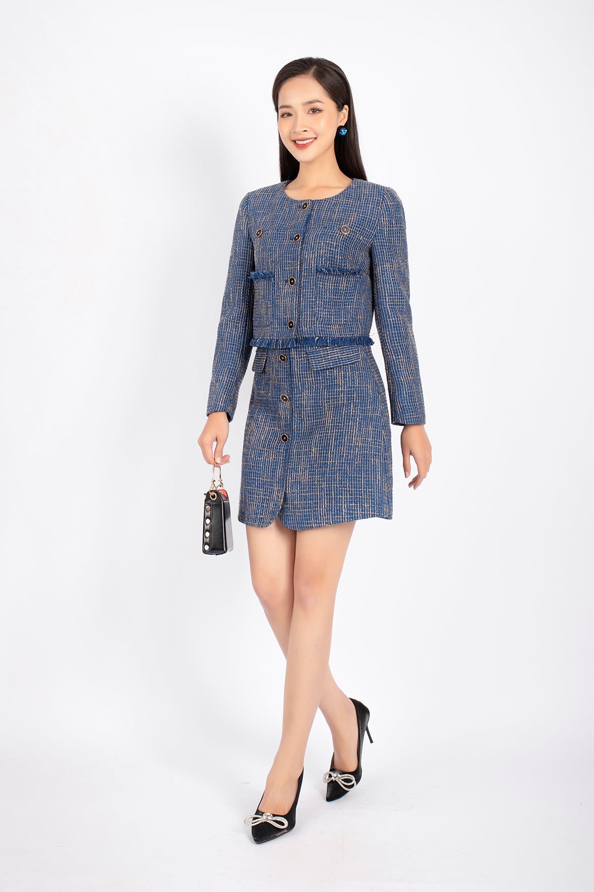 BJN92707 - Chân váy công sở vải dạ dáng A thân xẻ phối khuy và nắp túi trang trí khóa thân sau - PANTIO