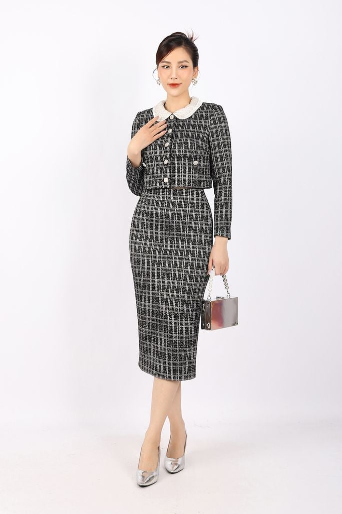 BAD92931 - Áo vest công sở vải len dáng croptop cổ phối ren đính ngọc tạo kiểu thân cài cúc hạt trang trí - PANTIO