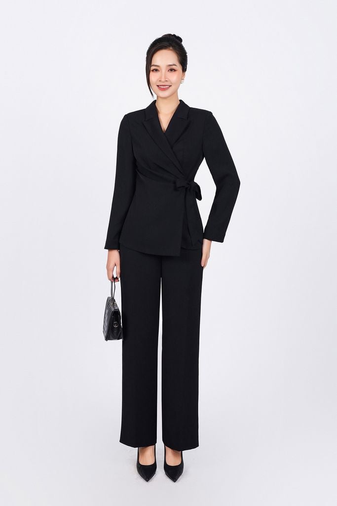 BAD93194 - Áo vest công sở vải tuyp xy dáng ôm cổ hai ve thân áo nhún phối dây nơ tạo kiểu - PANTIO