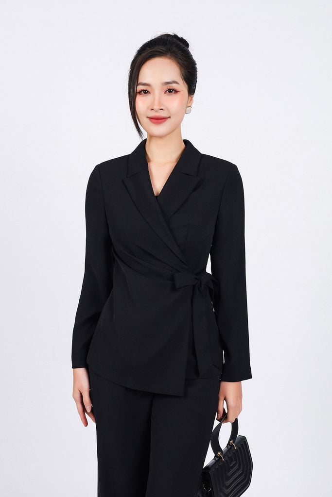 BAD93194 - Áo vest công sở vải tuyp xy dáng ôm cổ hai ve thân áo nhún phối dây nơ tạo kiểu - PANTIO