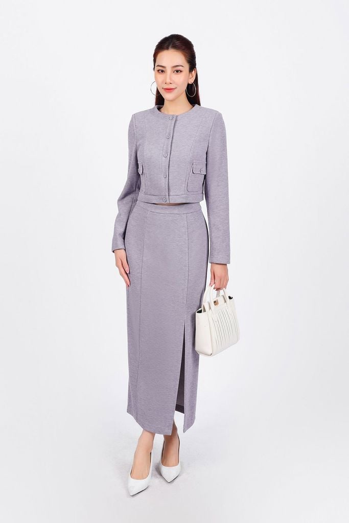 BAD93215 - Áo kiểu công sở vải nhung dáng lửng cổ tròn tay dài có túi thân áo phối khuy bọc - PANTIO