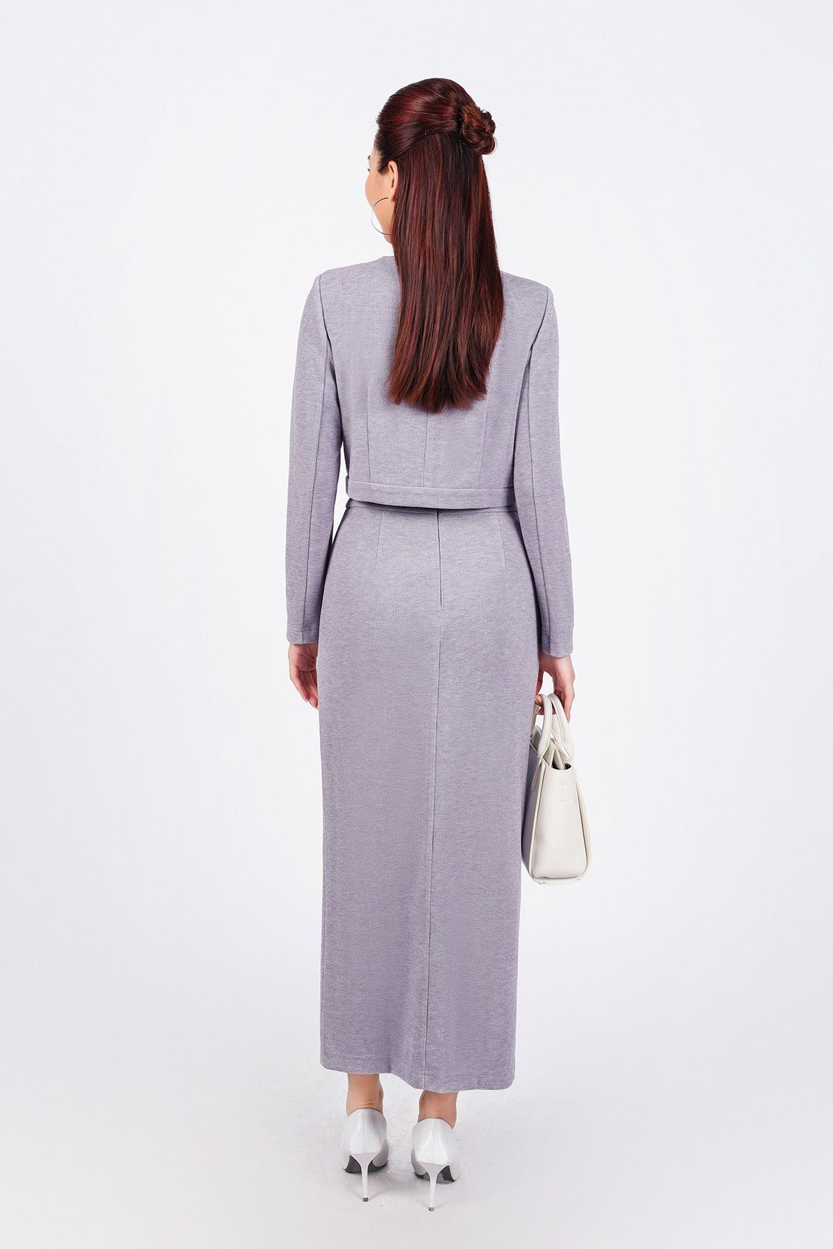 BAD93215 - Áo kiểu công sở vải nhung dáng lửng cổ tròn tay dài có túi thân áo phối khuy bọc - PANTIO