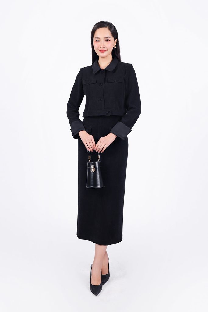 BJD93234 - Chân váy công sở vải nhung dáng suông dài thân váy đính nắp túi tạo kiểu khoá thân sau - PANTIO