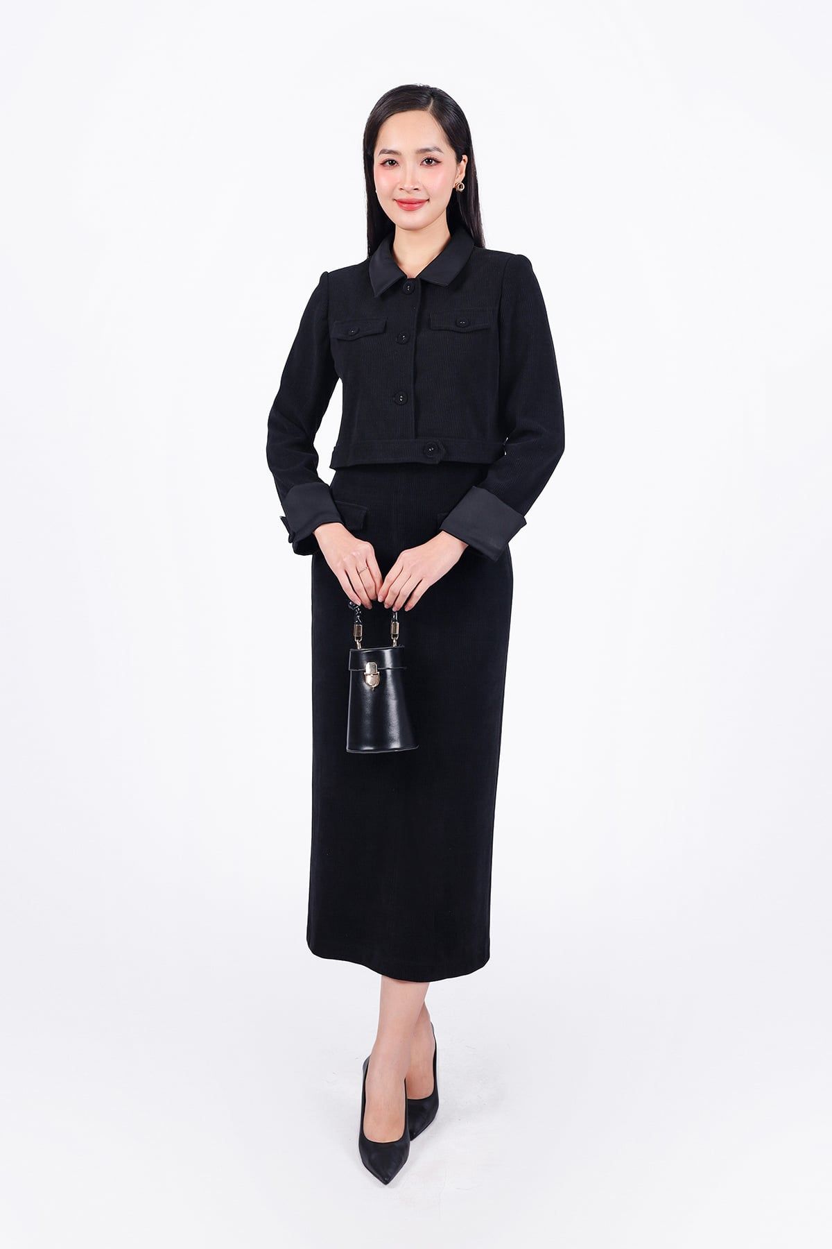 BJD93234 - Chân váy công sở vải nhung dáng suông dài thân váy đính nắp túi tạo kiểu khoá thân sau - PANTIO