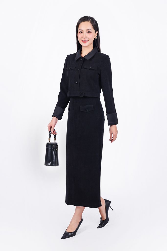 BJD93234 - Chân váy công sở vải nhung dáng suông dài thân váy đính nắp túi tạo kiểu khoá thân sau - PANTIO