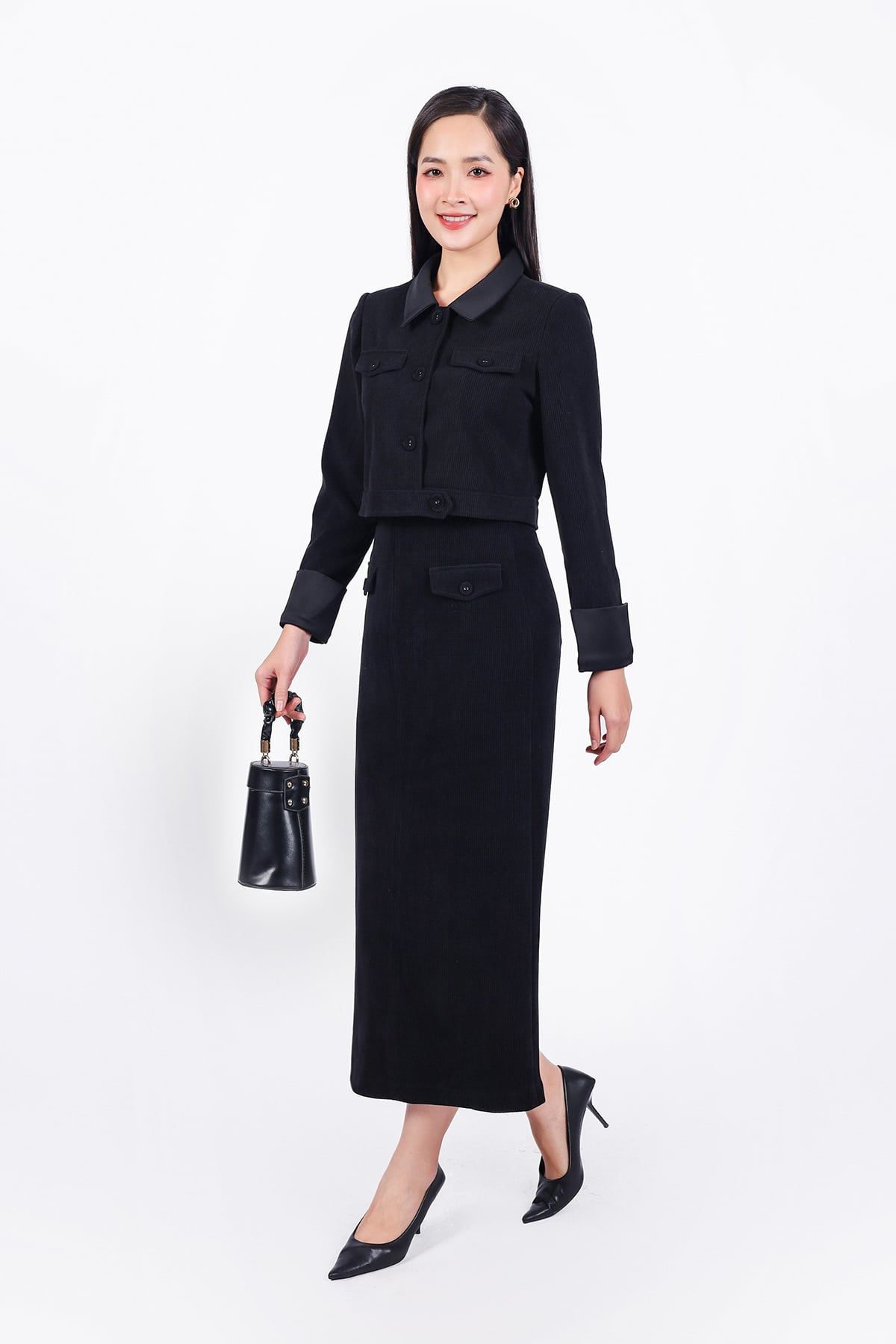 BJD93234 - Chân váy công sở vải nhung dáng suông dài thân váy đính nắp túi tạo kiểu khoá thân sau - PANTIO
