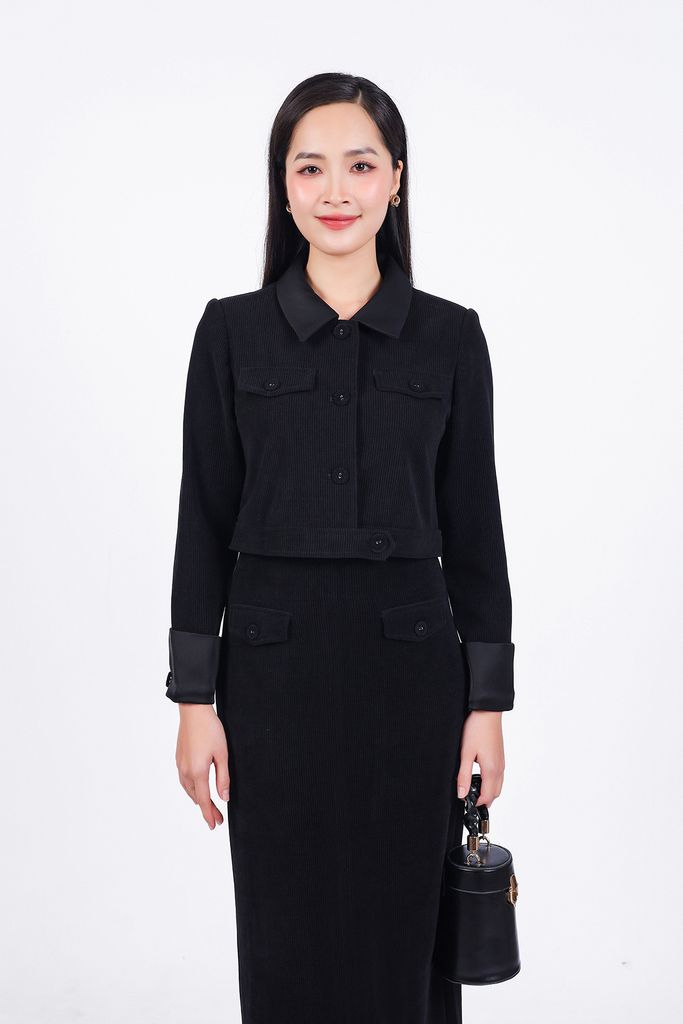 BJD93234 - Chân váy công sở vải nhung dáng suông dài thân váy đính nắp túi tạo kiểu khoá thân sau - PANTIO