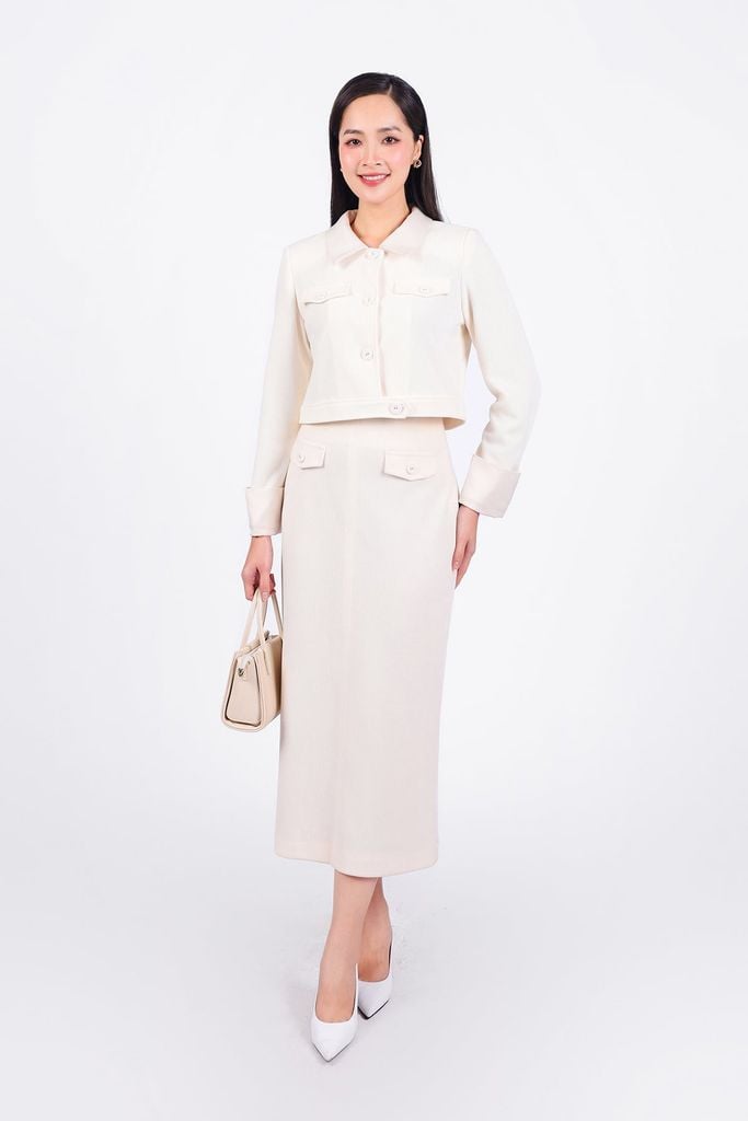 BJD93234 - Chân váy công sở vải nhung dáng suông dài thân váy đính nắp túi tạo kiểu khoá thân sau - PANTIO