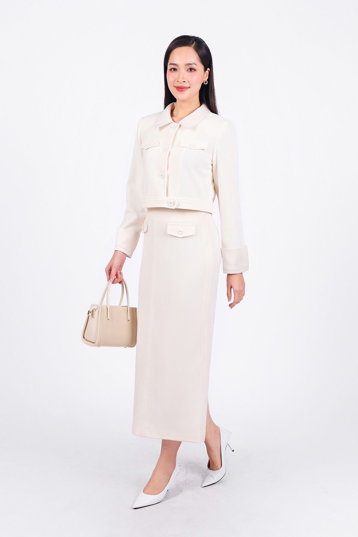 BJD93234 - Chân váy công sở vải nhung dáng suông dài thân váy đính nắp túi tạo kiểu khoá thân sau - PANTIO
