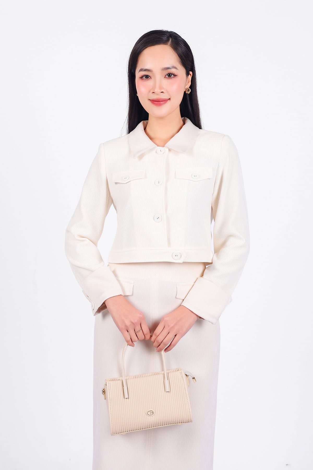 BJD93234 - Chân váy công sở vải nhung dáng suông dài thân váy đính nắp túi tạo kiểu khoá thân sau - PANTIO