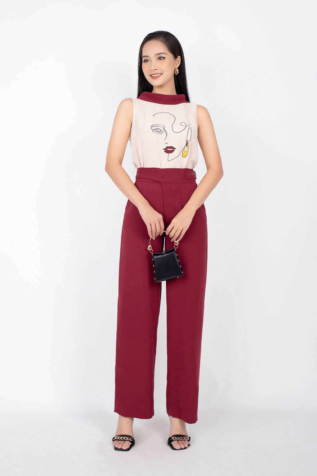 BQD32608 - Quần công sở vải phi cát dáng suông ống rộng cạp rời tạo kiểu có túi sườn - PANTIO