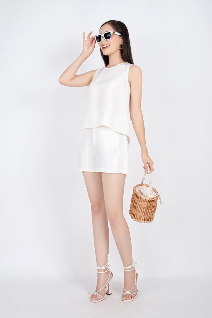 BQN32636 - Quần short dạo phố vải linen dáng suông cạp rời túi sườn xẻ trước - PANTIO