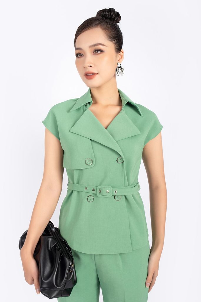 BAK12760 - Áo kiểu công sở vải thô dáng suông cổ hai ve vai chờm thân phối khuy - PANTIO
