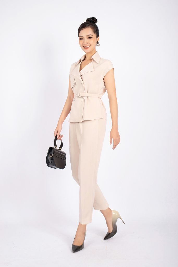 BAK12760 - Áo kiểu công sở vải thô dáng suông cổ hai ve vai chờm thân phối khuy - PANTIO