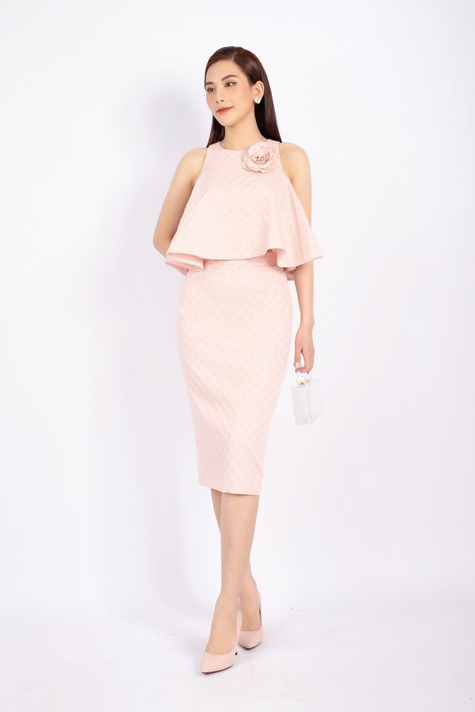 BAK12774 - Áo kiểu công sở vải gấm dáng crotop xòe phối hoa cài áo tạo kiểu - PANTIO