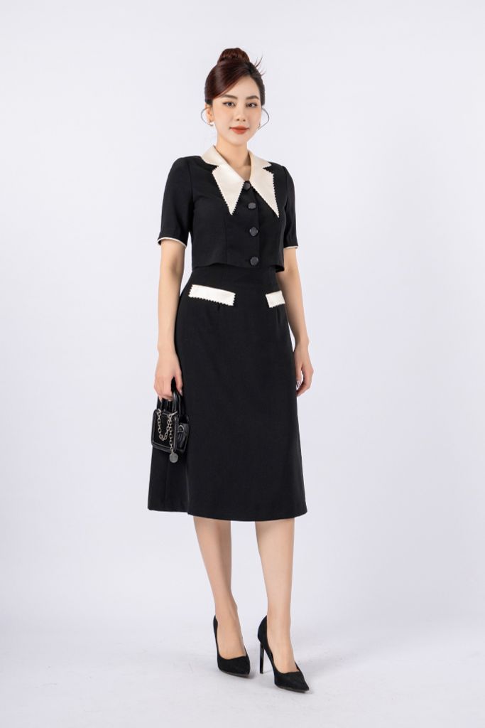 BAK12995 - Áo kiểu công sở vải thô dáng croptop cổ kiểu phối màu thân cài cúc - PANTIO