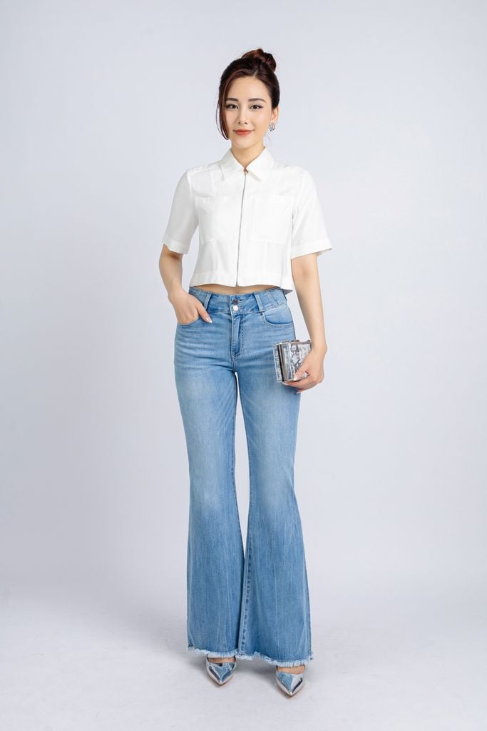 BAK13015 - Áo kiểu công sở vải tuytsi dáng croptop cổ đức kèo khoá - PANTIO