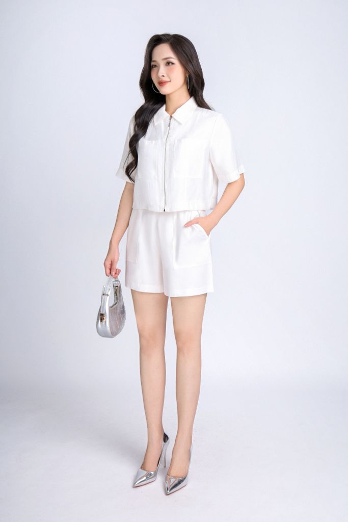 BAK13015 - Áo kiểu công sở vải tuytsi dáng croptop cổ đức kèo khoá - PANTIO