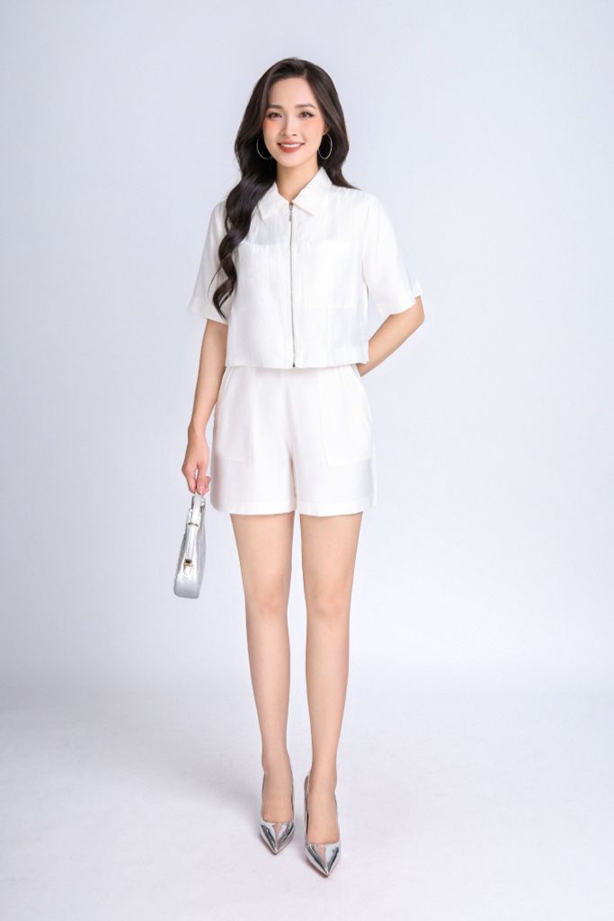 BAK13015 - Áo kiểu công sở vải tuytsi dáng croptop cổ đức kèo khoá - PANTIO