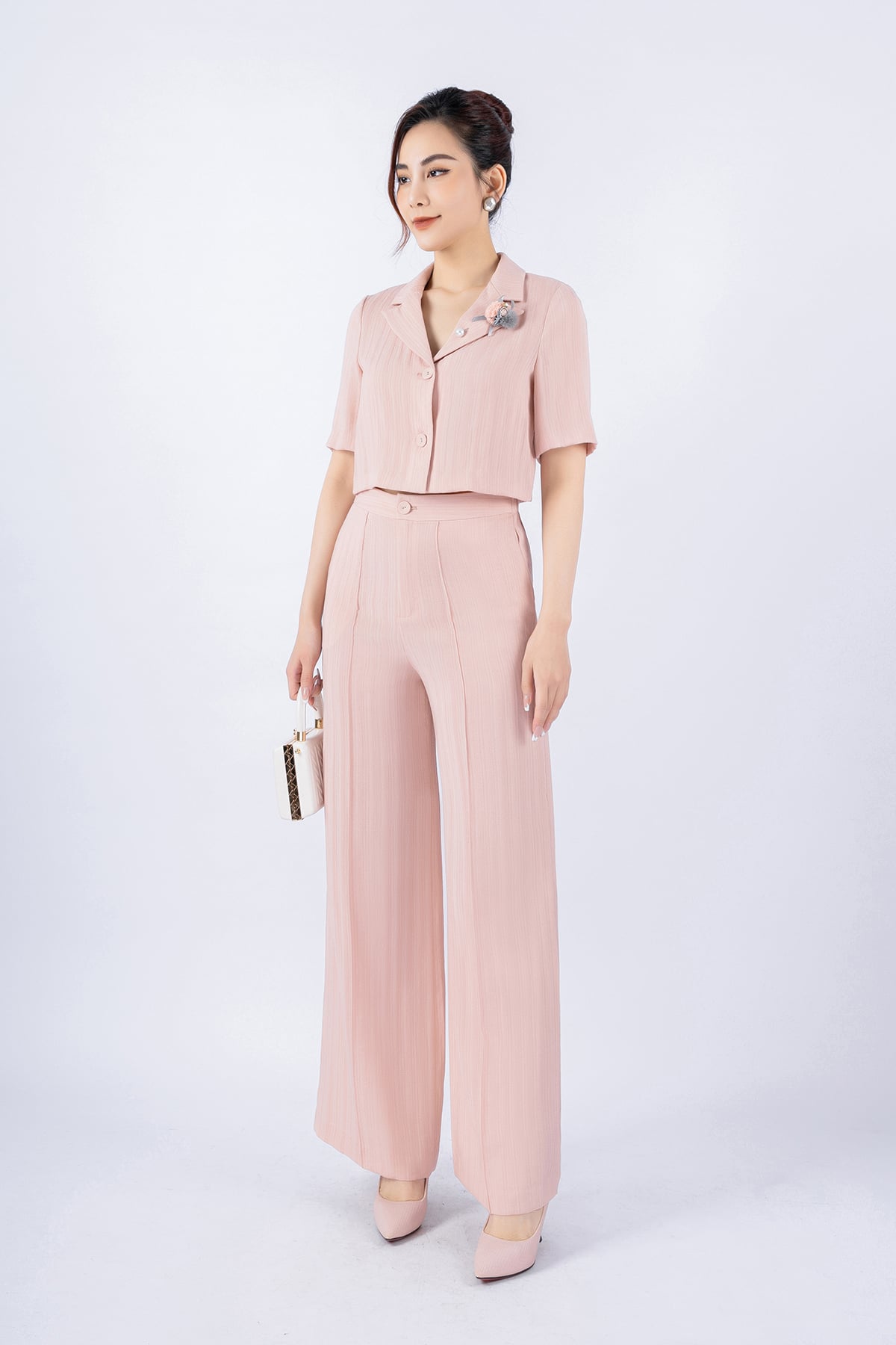 BQD13016 - Quần công sở vải thô đũi dáng suông ống rộng thân phối đường mí gân tạo kiểu có túi sườn - PANTIO