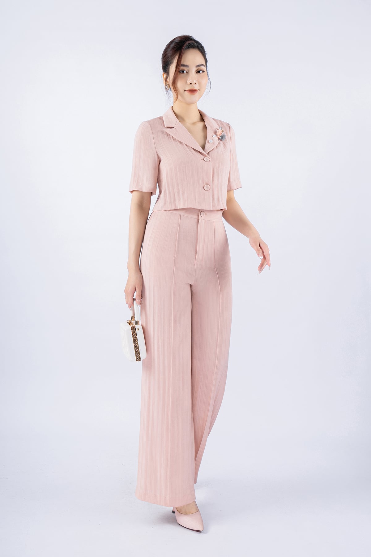 BQD13016 - Quần công sở vải thô đũi dáng suông ống rộng thân phối đường mí gân tạo kiểu có túi sườn - PANTIO