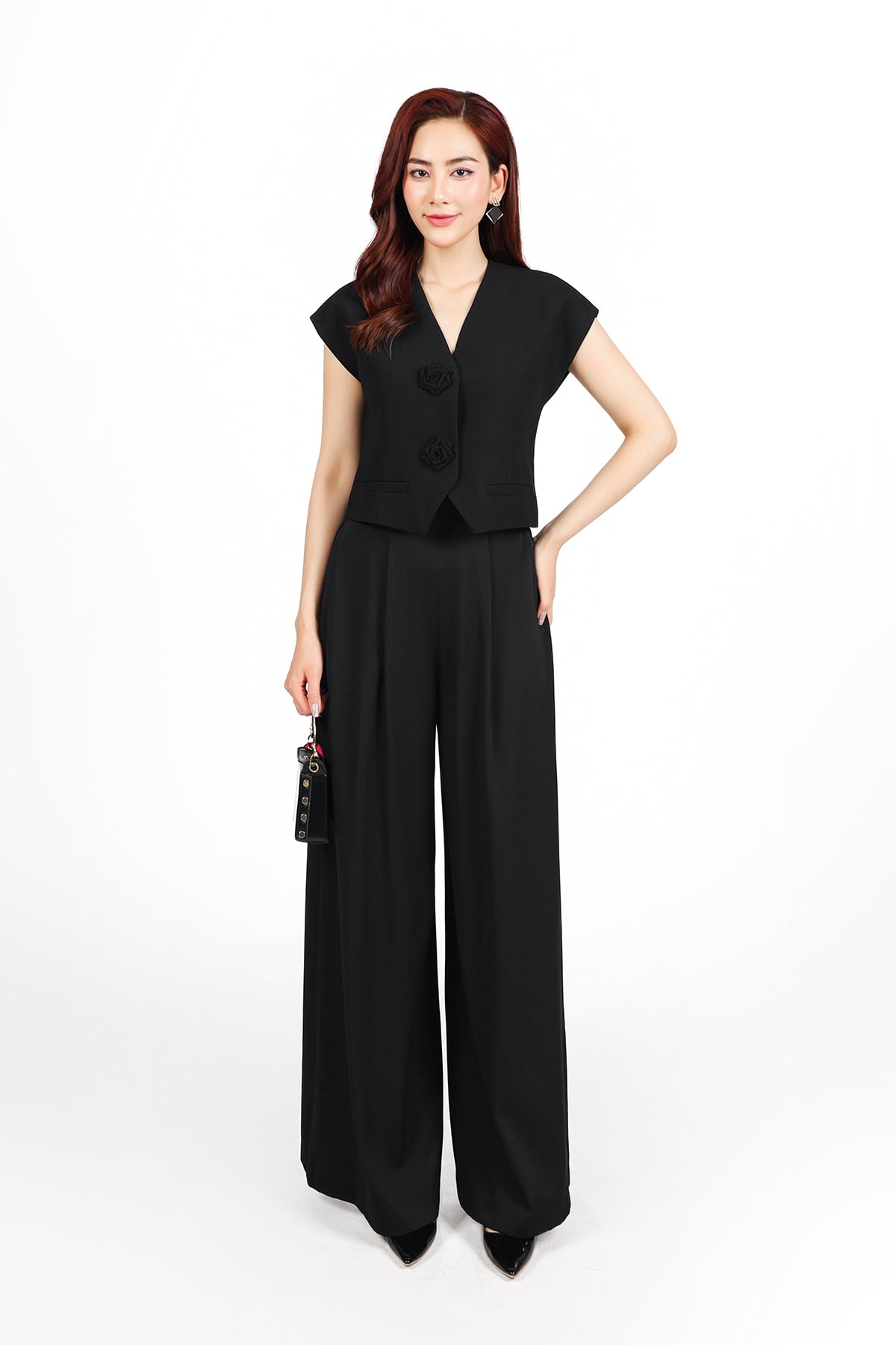 FQD51155 - Quần công sở vải tuytsi dáng suông ống rộng cạp phối ly bong tạo xoè khóa thân sau - PANTIO