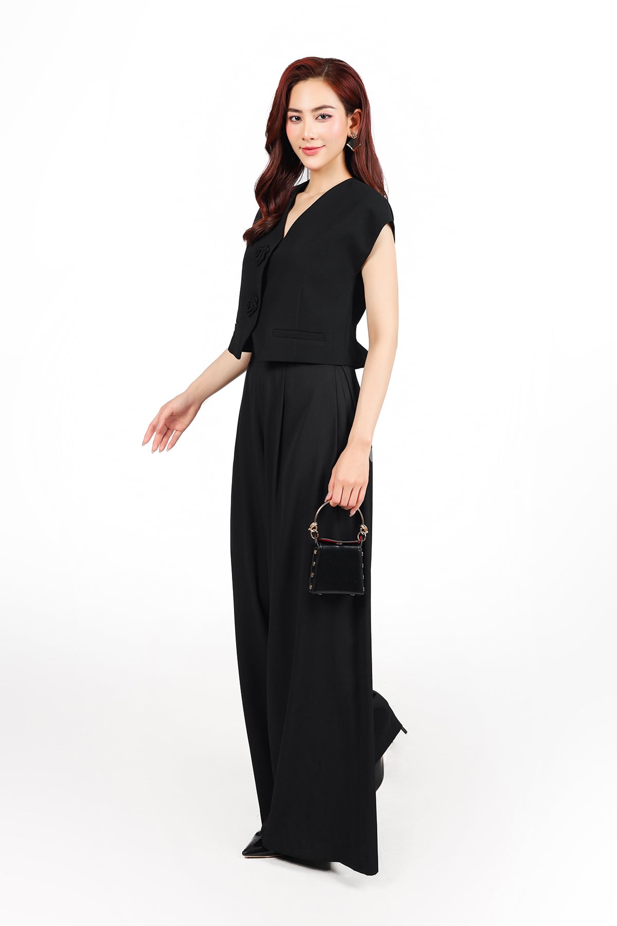 FQD51155 - Quần công sở vải tuytsi dáng suông ống rộng cạp phối ly bong tạo xoè khóa thân sau - PANTIO