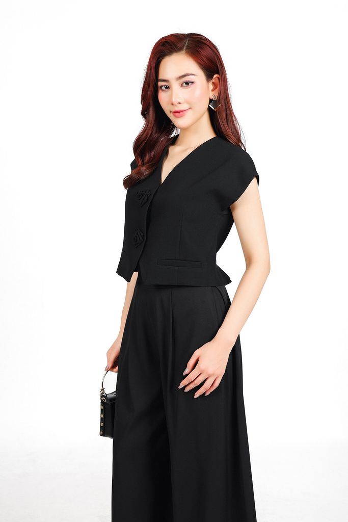 BAK13293 - Áo kiểu công sở vải thô nhung dáng lửng cổ xẻ V vai chờm thân áo đính hoa tạo kiểu - PANTIO