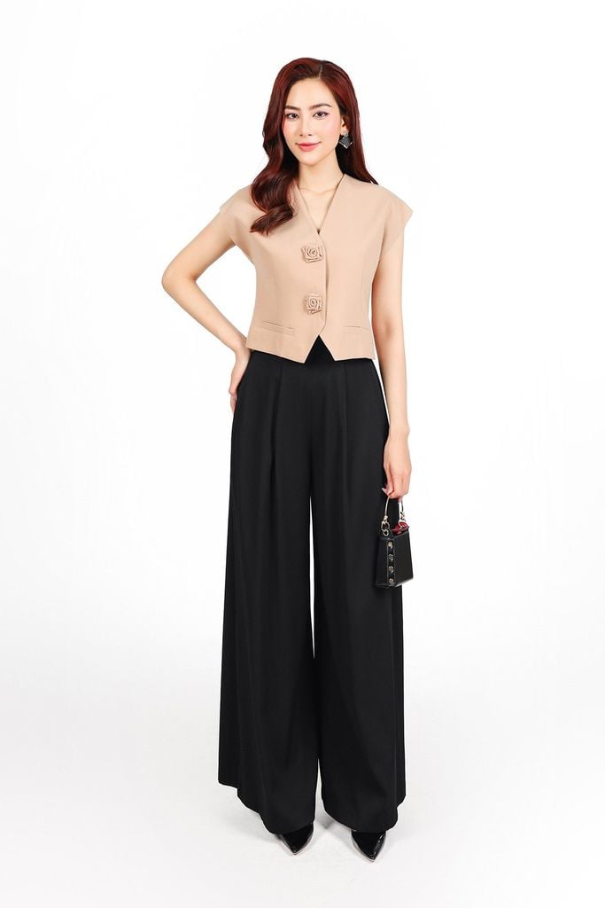 BAK13293 - Áo kiểu công sở vải thô nhung dáng lửng cổ xẻ V vai chờm thân áo đính hoa tạo kiểu - PANTIO