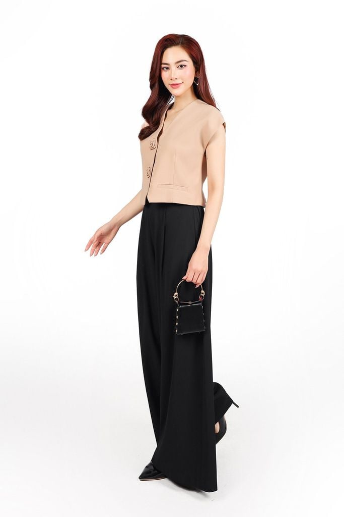 BAK13293 - Áo kiểu công sở vải thô nhung dáng lửng cổ xẻ V vai chờm thân áo đính hoa tạo kiểu - PANTIO