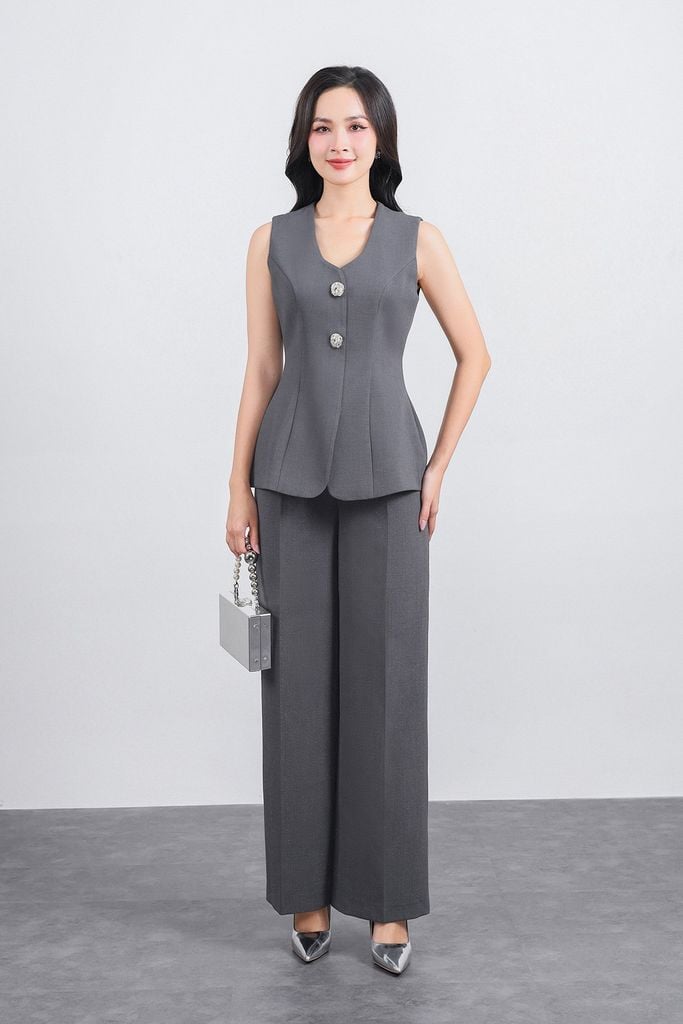 BQD13299 - Quần dài công sở vải thô ánh nhũ dáng suông ống đứng phối ly tạo kiểu - PANTIO