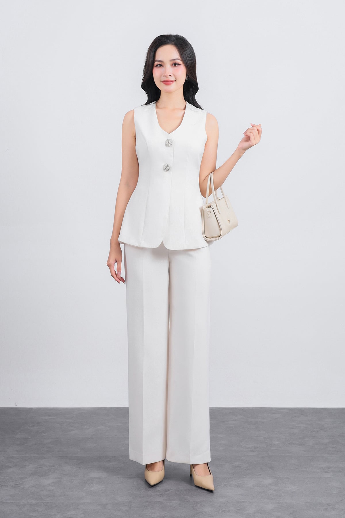 BQD13299 - Quần dài công sở vải thô ánh nhũ dáng suông ống đứng phối ly tạo kiểu - PANTIO