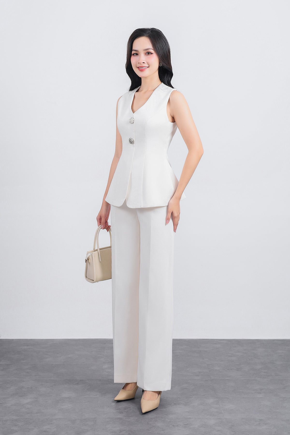 BQD13299 - Quần dài công sở vải thô ánh nhũ dáng suông ống đứng phối ly tạo kiểu - PANTIO