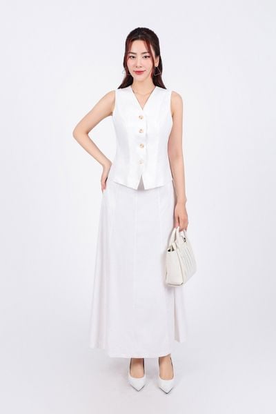 BAK13303 - Áo kiểu dạo phố vải Linen dáng ôm cổ xẻ V không tay thân áo đính khuy tạo kiểu - PANTIO
