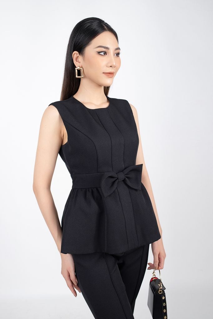 BAK32589 - Áo kiểu công sở vải thô dáng peplum thân ngực máy mí đính nơ 3D trang trí - PANTIO