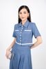 BAK32610 - Áo kiểu vải thô dáng croptop cổ đức thân phối vải đính khuy bọc - Pantio.vn