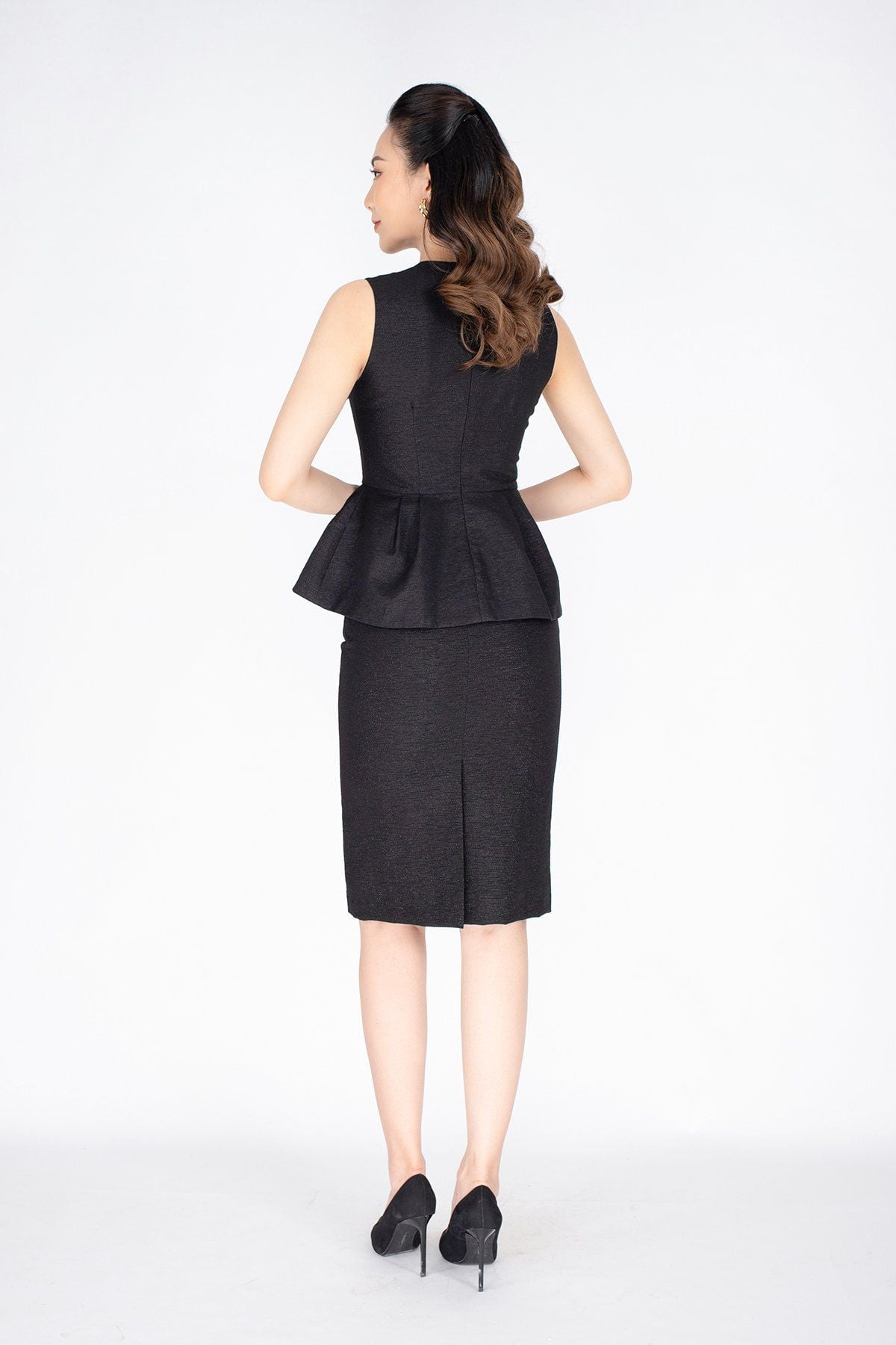 BAK32726 - Áo công sở vải thô dáng peplum cổ V xếp nơ 3D - PANTIO