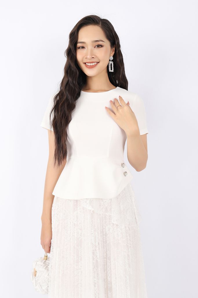 BAK32770 - Áo kiểu công sở vải thô dáng peplum phối vải ren và cúc ngọc trai bên hông khóa thân sau - PANTIO