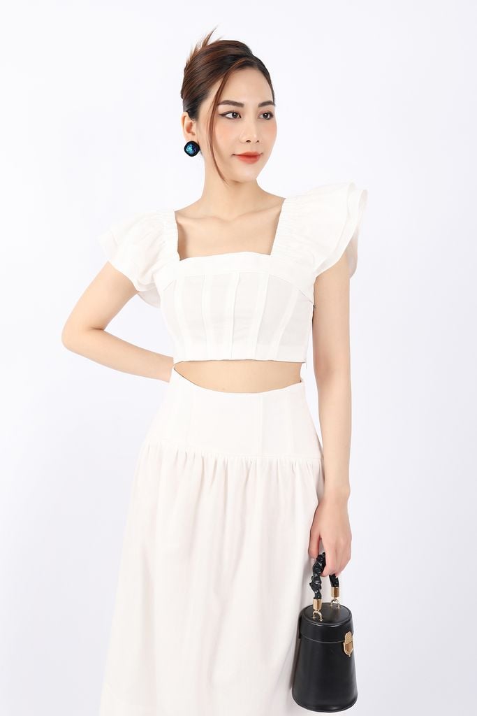 BAK32791 - Áo kiểu dạo phố vải linen dáng croptop cổ vuông tay cánh tiên thân sau phối chun khóa cạnh sườn - PANTIO