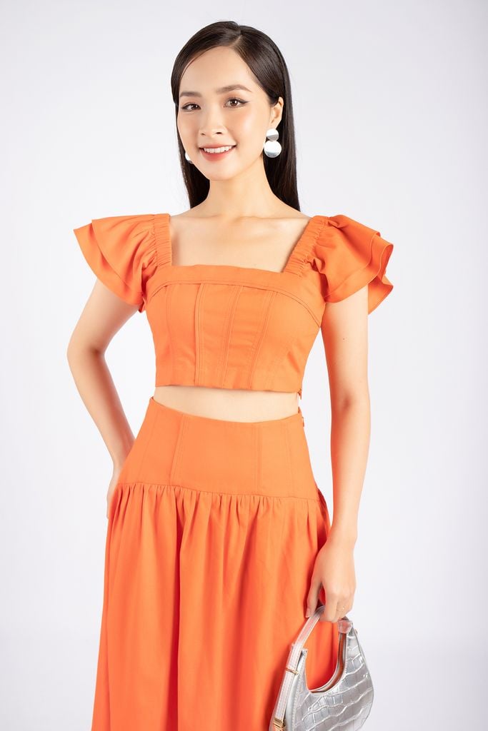 BAK32791 - Áo kiểu dạo phố vải linen dáng croptop cổ vuông tay cánh tiên thân sau phối chun khóa cạnh sườn - PANTIO