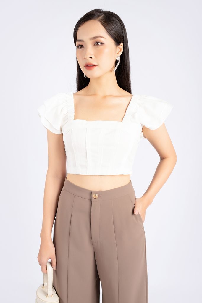 BAK32791 - Áo kiểu dạo phố vải linen dáng croptop cổ vuông tay cánh tiên thân sau phối chun khóa cạnh sườn - PANTIO