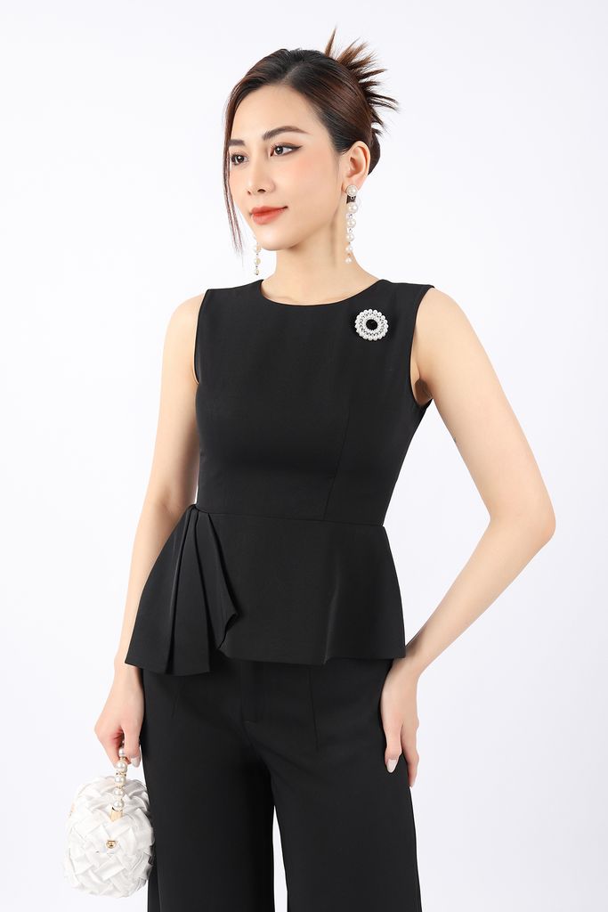 BAK32804 - Áo kiểu công sở vải tuytsi dáng peplum xếp nhún bên hông kèm cài áo khóa thân sau - PANTIO