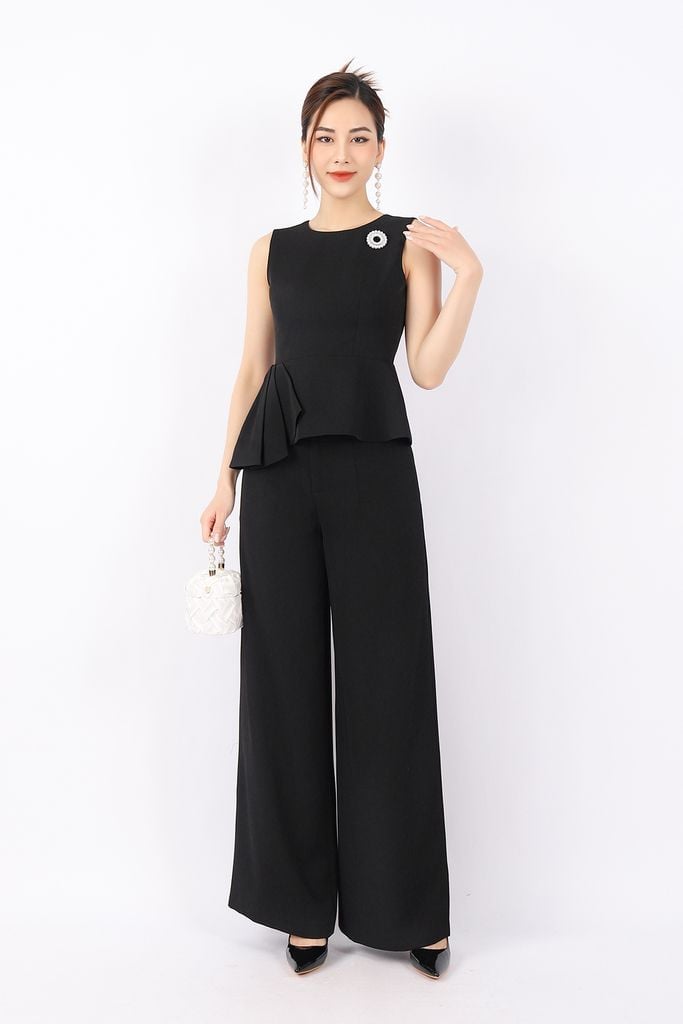 BAK32804 - Áo kiểu công sở vải tuytsi dáng peplum xếp nhún bên hông kèm cài áo khóa thân sau - PANTIO