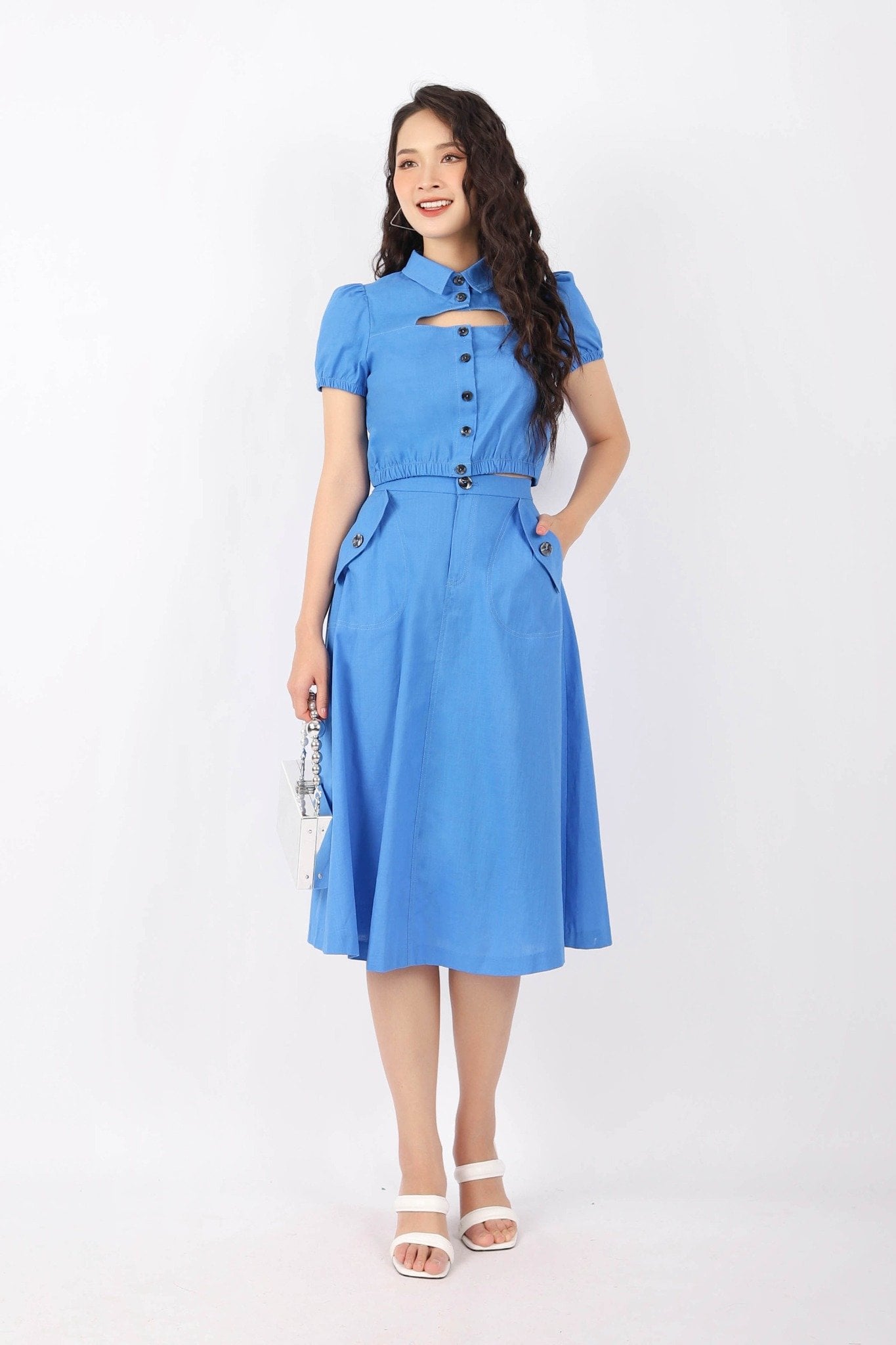 BJD32808 - Chân váy dạo phố vải linen dáng xòe cạp rời phối túi đính cúc hai bên hông - PANTIO